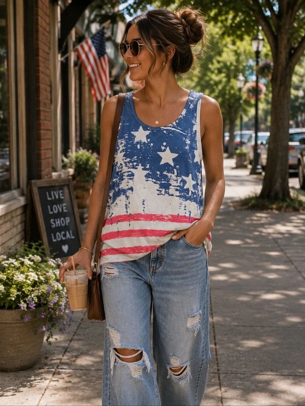 Sleeveless American Flag Tank Top - Blue, White & Pink